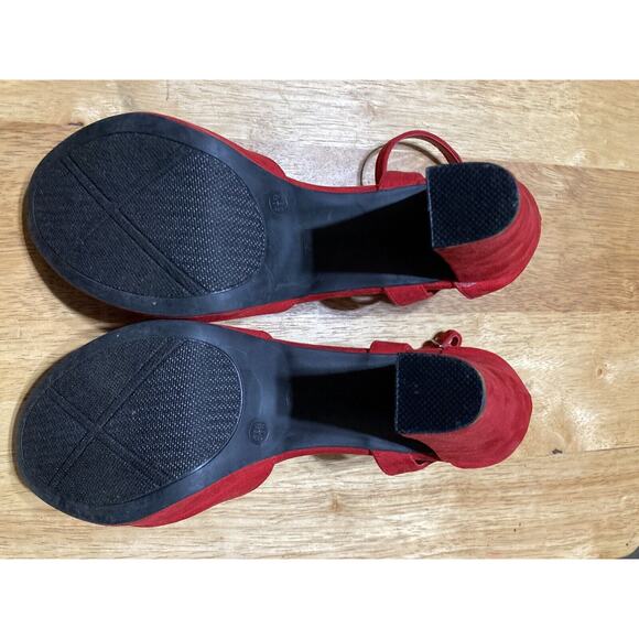 Womens High Block Heel Ankle Strap Open Toe Red Faux Suede Shoes Size 8.5 - Picture 14 of 14